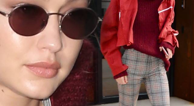 Gigi Hadid w kraciastych spodniach