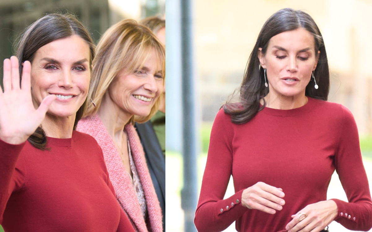 Królowa Hiszpanii spotkała się z poddanymi w czerwonych skórzanych spodniach