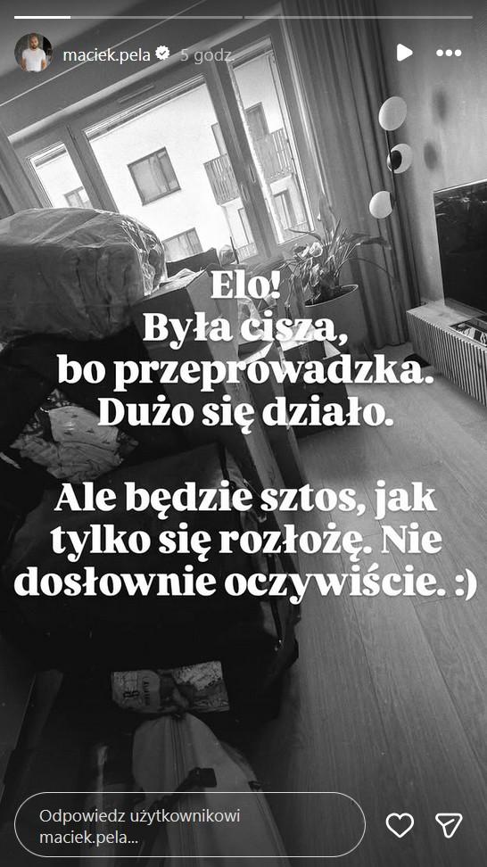 Maciej Pela przeprowadził się, fot. Instagram