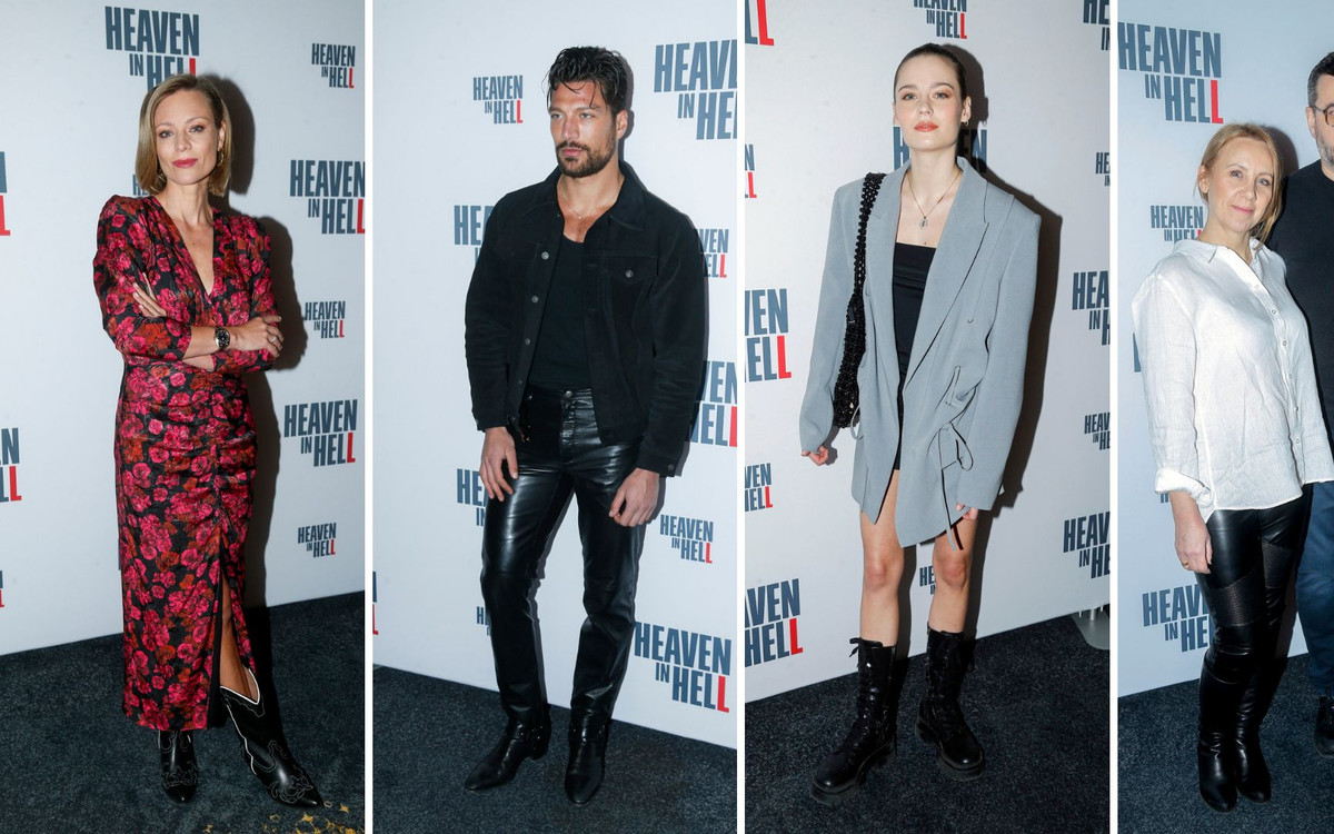 Konferencja z obsadą “Heaven in Hell”. Simone Susinna w skórzanych spodniach, Magdalena Boczarska w kwiatach, Katarzyna Sawczuk