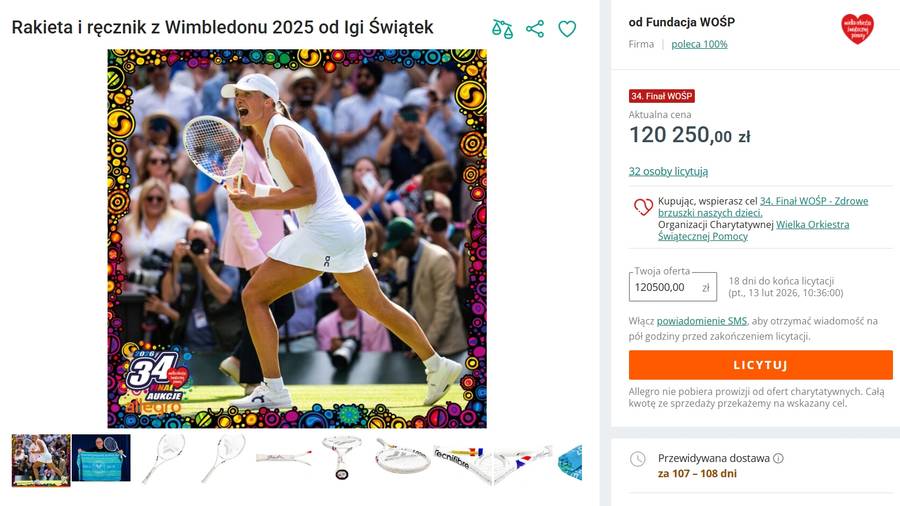 Rakieta i ręcznik Igi Świątek, fot. Allegro