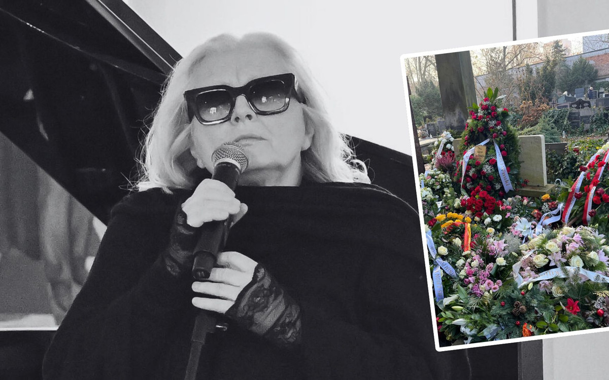 Grób Magdy Umer zalany kwiatami. Uwagę przykuwa ogromny wieniec od dzieci i wnuków