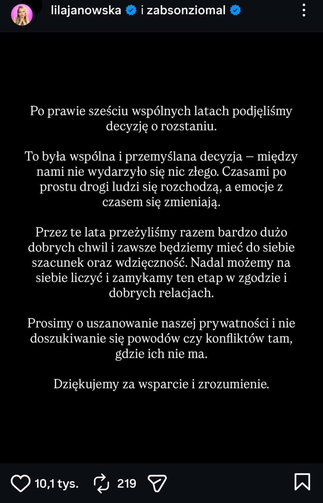 Oświadczenie Lili i Żabsona fot. Instagram