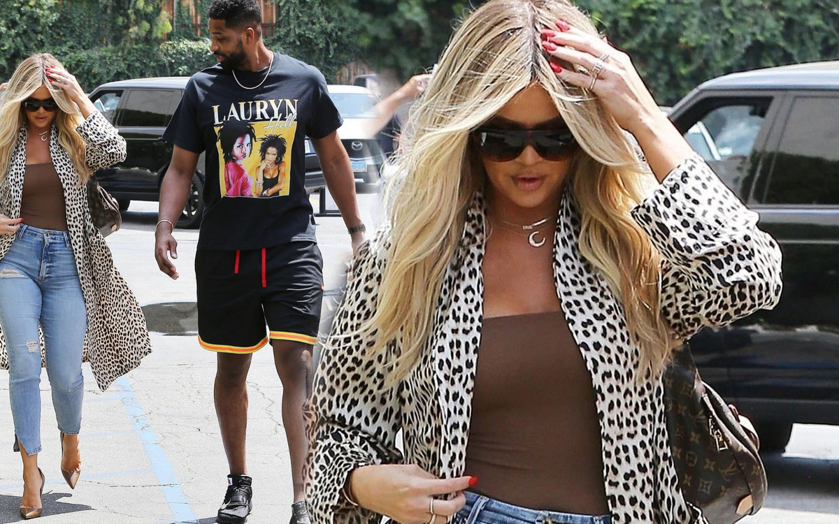 Khloe w płaszczu w PANTERKĘ na lunchu z Tristanem