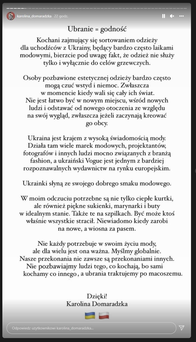 Stylistka Karolina Domaradzka APELUJE, by oddawać uciekającym przed wojną Ukrainkom SUKIENKI i SZPILKI