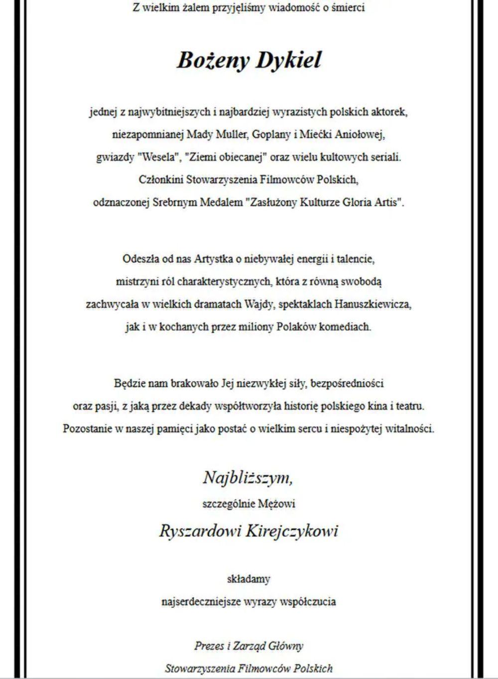 Nekrolog Bożena Dykiel/źródło: "Gazeta Wyborcza"