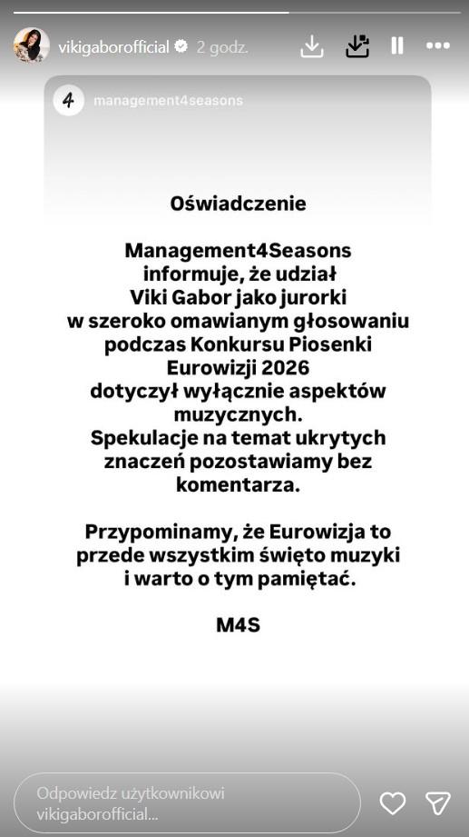 Viki Gabor wydała oświadczenie po aferze na Eurowizji 2026, fot. Instagram