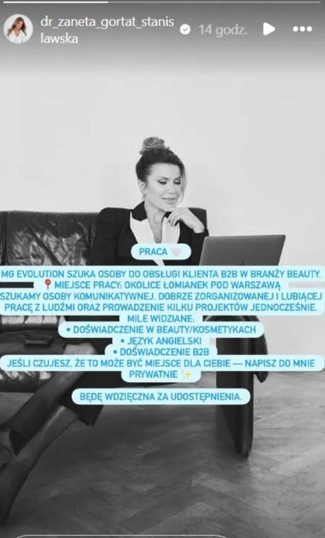 Żaneta Gortat-Stanisławska szuka pracownika, fot. Instagram