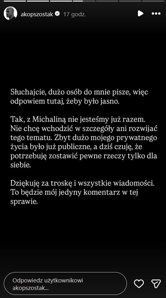 Oświadczenie Michaliny Zagórskiej, fot. Instagram