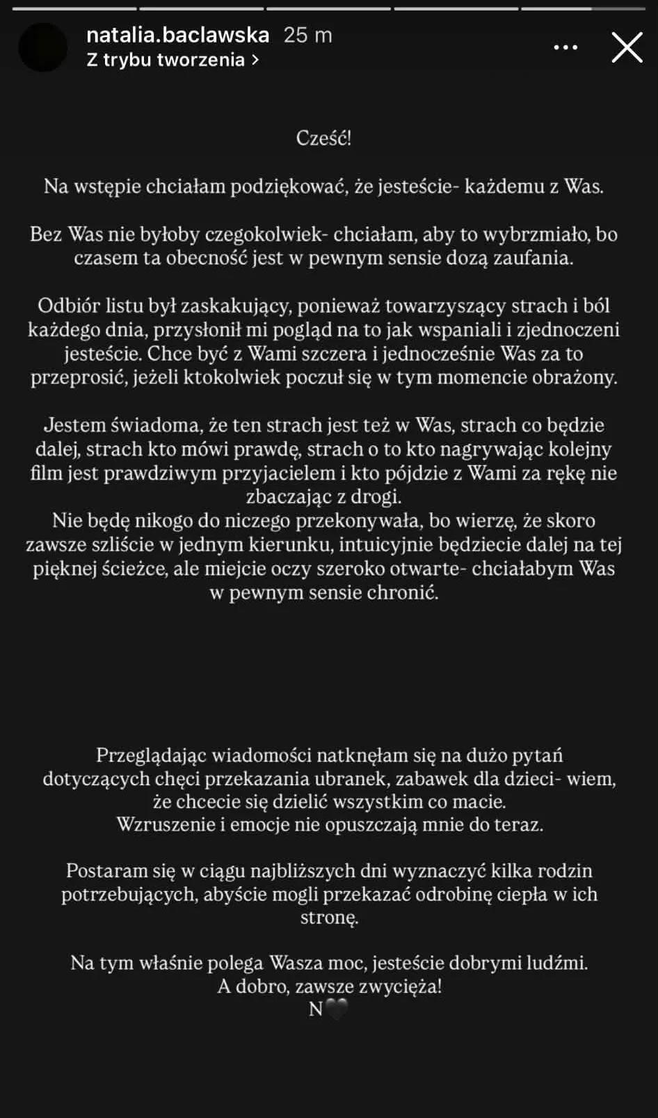 Oświadczenie Natalii Bacławskiej, fot. Instagram