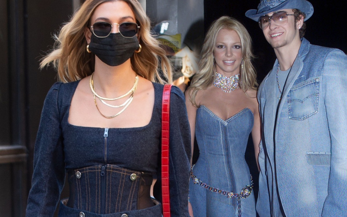 Hailey Bieber jak Britney Spears! Jeansowy total look i gorset to PRZESADA?