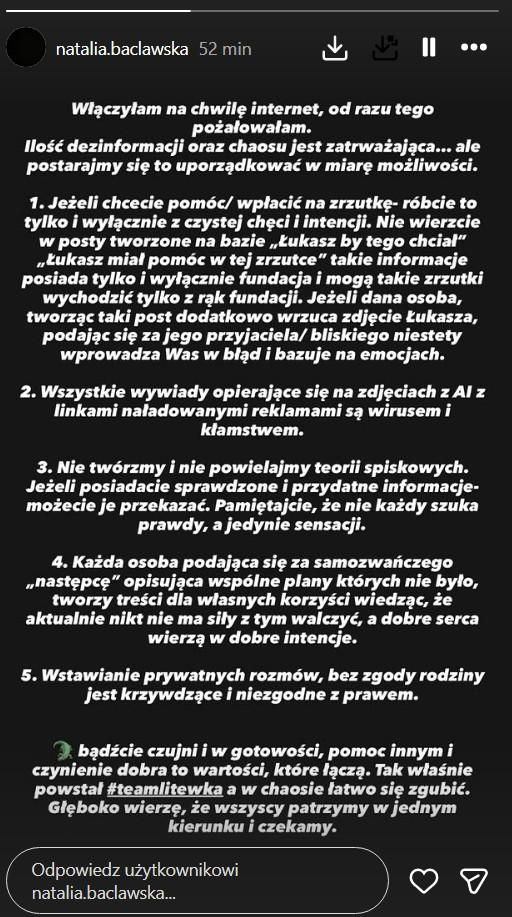 Partnerka Łukasza Litewki ostrzega internautów, fot. Instagram