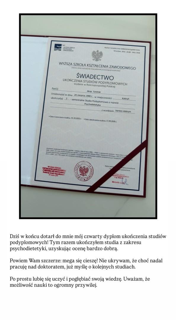 Świadectwo Akopa Szostaka, fot. Instagram