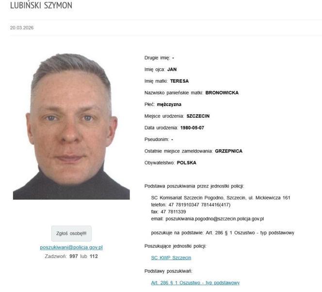 Szymon L. poszukiwany listem gończym, fot. poszukiwani.policja.gov.pl