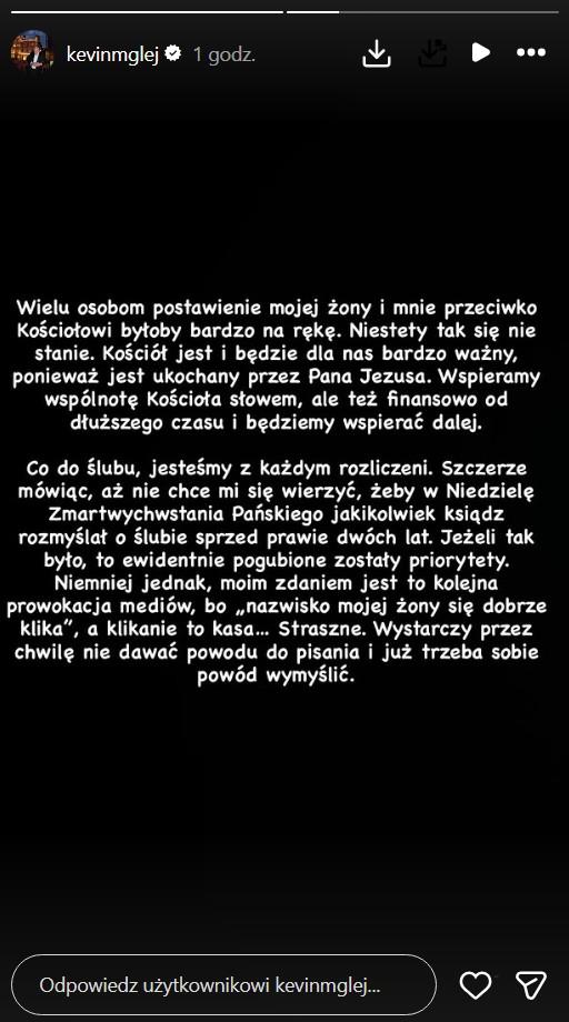 Kevin Mglej ostro odpowiada na doniesienia księdza, fot. Instagram