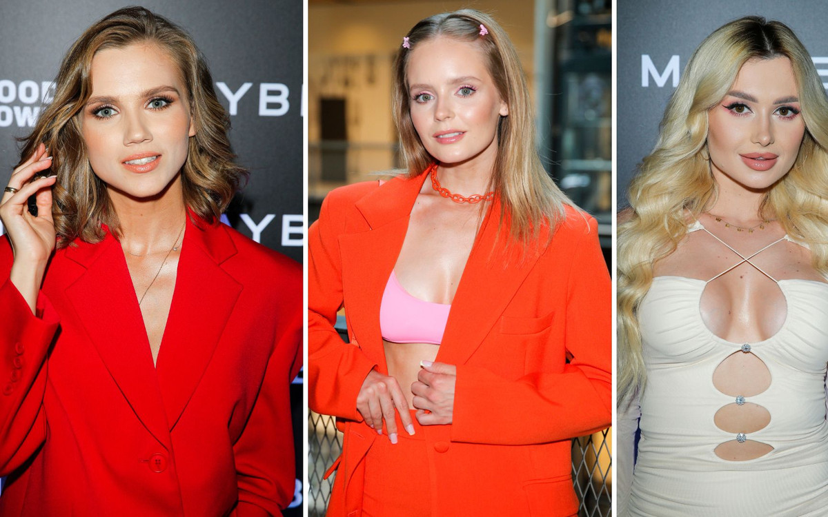 Impreza Maybelline New York. Wersow podkreśla powiększony biust, a Kaczorowska w tym garniturze wygląda BOSKO