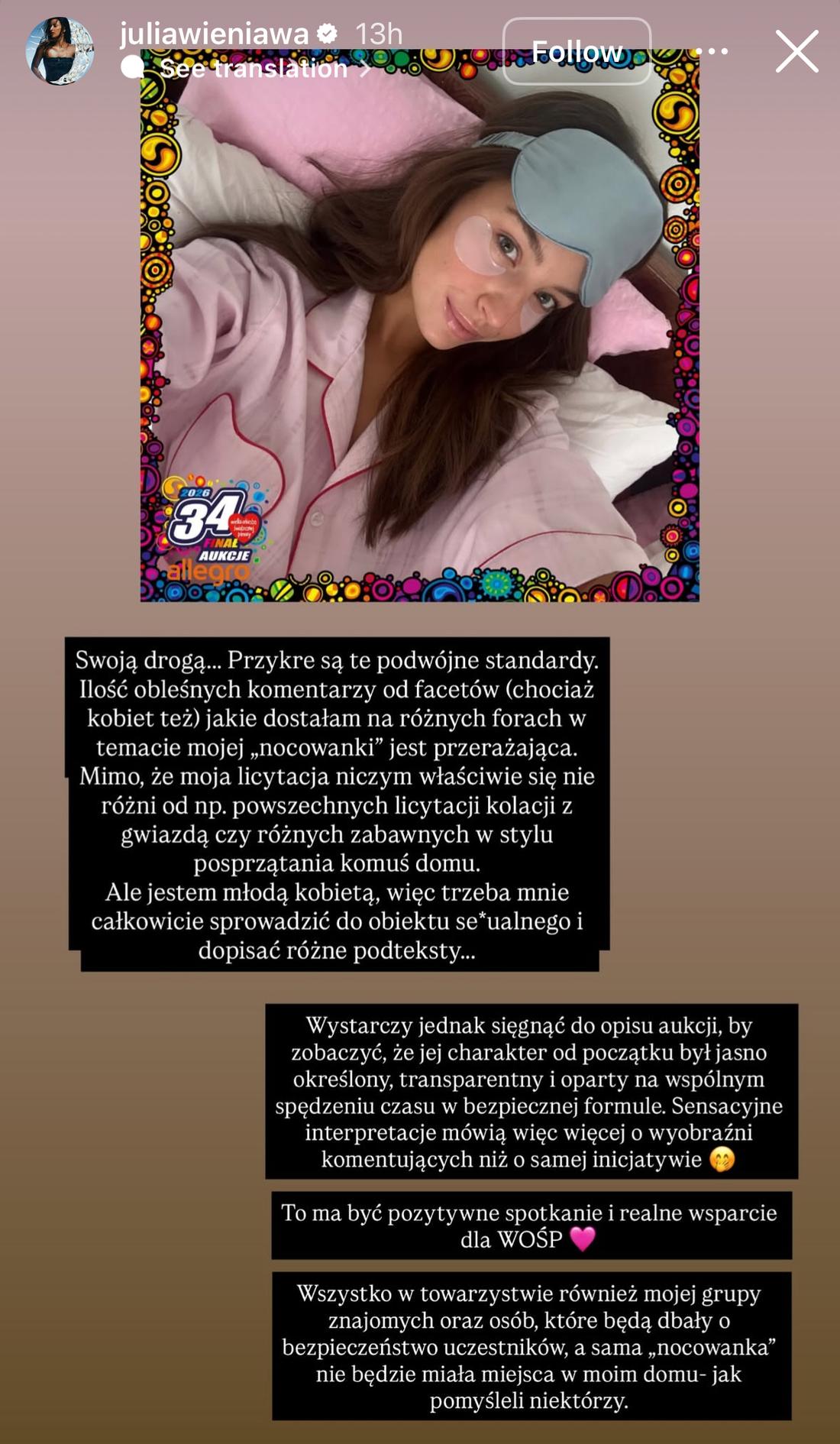 Julia Wieniawa wystawiła "nocowankę" na WOŚP, fot. Instagram