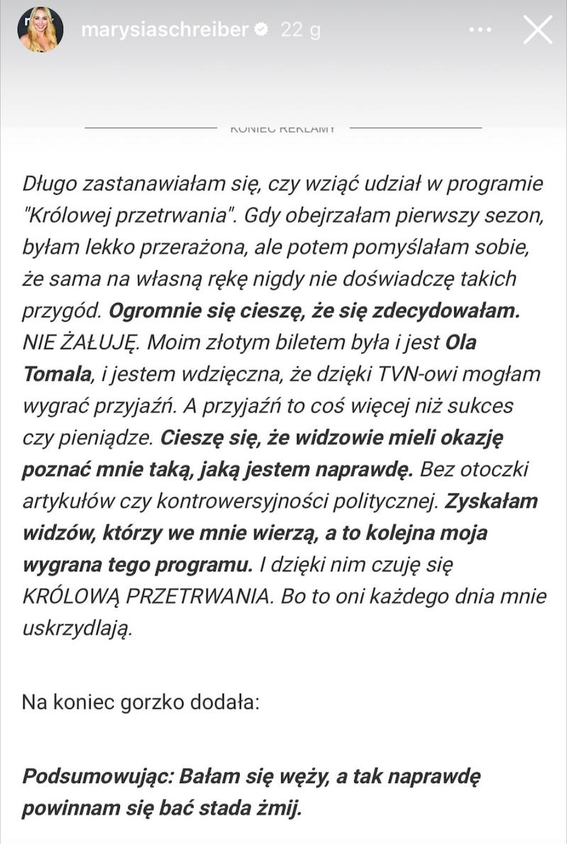 Marianna Schreiber opuściła „Królową przetrwania”, ale nie odpuszcza. „Bałam się węży, a powinnam żmij”