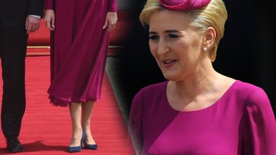 Agata Duda w fuksjowej sukience na spotkaniu z książęcą parą (ZDJĘCIA)