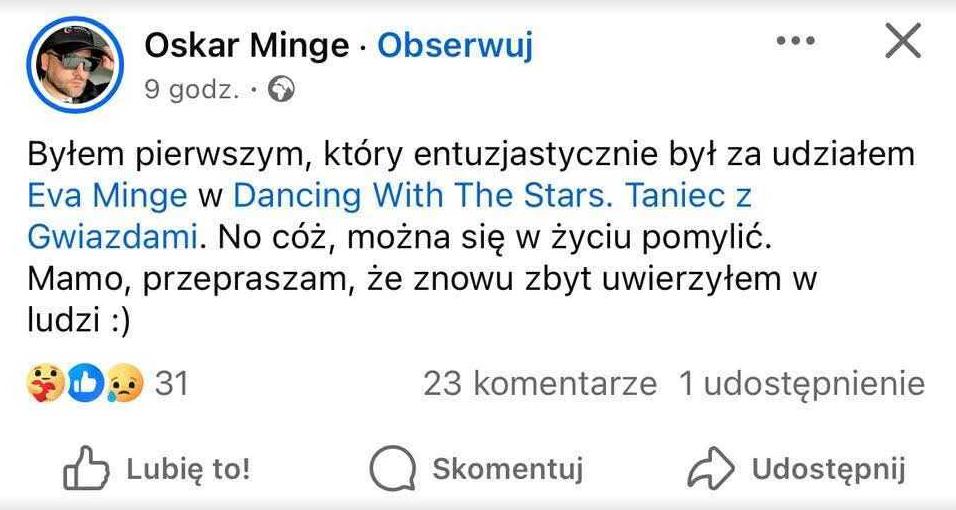 Syn Ewy Minge zabrał głos ws. "Tańca gwiazdami".