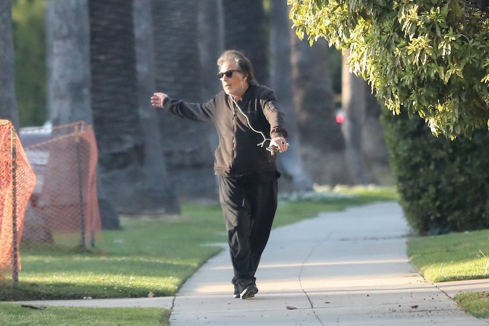 Beverly Hills, CA - *EXCLUSIVE* - Legendary actor Al Pacino feels the vibes and dances along to music on his headphones while out for a walk around his Beverly Hills neighborhood on Tuesday afternoon. The legendary actor appeared to have revived some of his famous tango moves from Scene of a Woman. BACKGRID USA 10 FEBRUARY 2022,Image: 661354882, License: Rights-managed, Restrictions: For Alex, Model Release: no, Pictured: Al Pacino, Credit line: BACKGRID / Backgrid USA / Forum