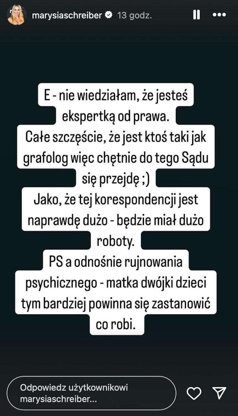 Marianna Schreiber odpowiada na zarzuty/ Instagram