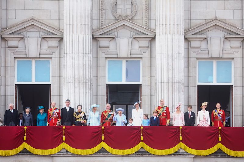 Britain's Queen Elizabeth, Anne, Princess Royal, Prince Charles, Camilla, Duchess of Cornwall, Prince William, Catherine, Duchess of Cambridge, Princess Charlotte, Prince George and Prince Louis along with other members of the British royal family, appear on the balcony of Buckingham Palace as part of Trooping the Colour parade during the Queen's Platinum Jubilee celebrations in London, Britain, June 2, 2022.,Image: 696361312, License: Rights-managed, Restrictions: , Model Release: no, Credit line: HANNAH MCKAY / Reuters / Forum