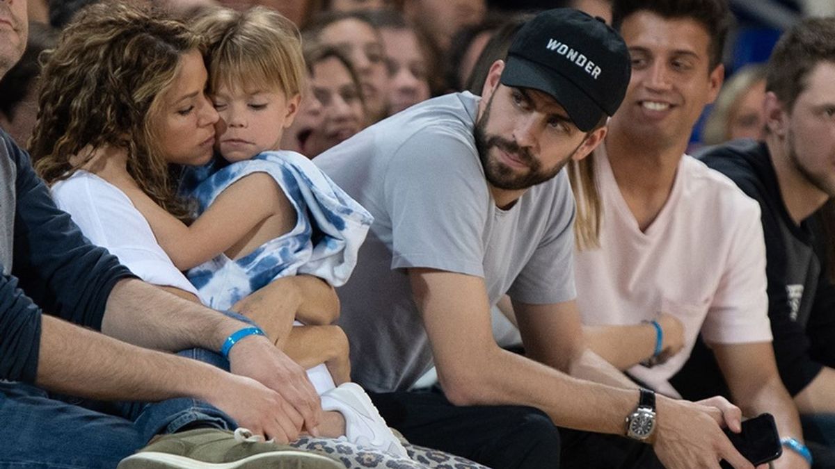 Shakira, Gerard Pique and their sons Sasha and Milan during the basketball match between FC Barcelona and San Pablo Burgos. Palau Blaugrana, Barcelona, Spain - 10 MAR 2019.