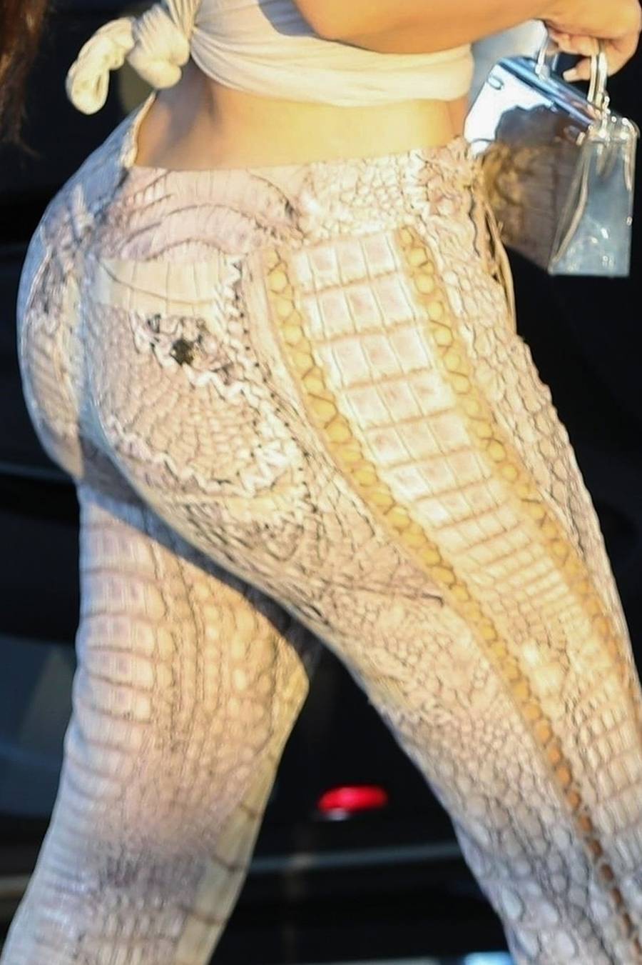 Kim Kardashian w spodniach z imitacji skóry węża.