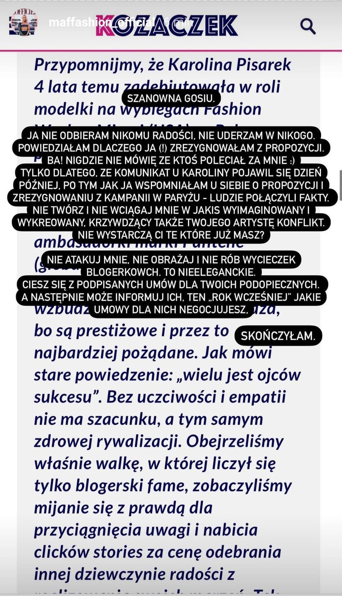 Maffashion komentuje oświadczenie agentki Karoliny Pisarek