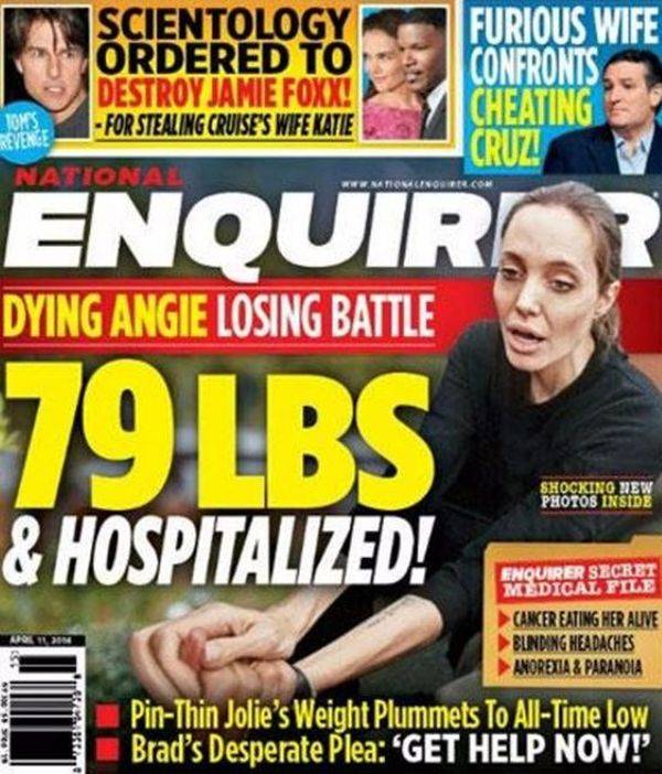 Angelina Jolie umierająca na raka i anoreksję na okładkach National Enquirer