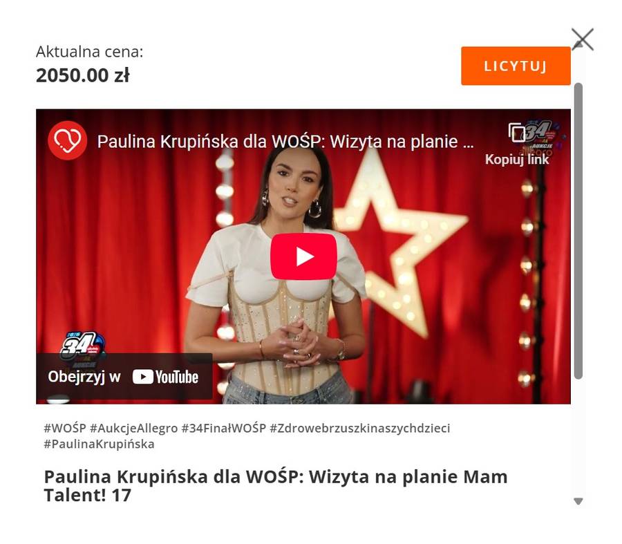 Licytacje gwiazd na WOŚP/ kadr ze strony Allegro