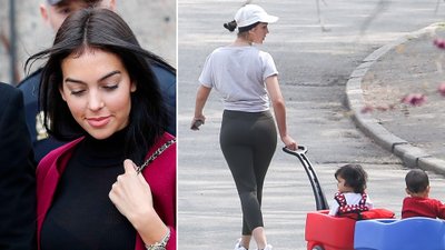 Georgina Rodriguez, partnerka Cristiano Ronaldo, ciągnie wózek z bliżniętami Evą i Mateo (ZDJĘCIA)
