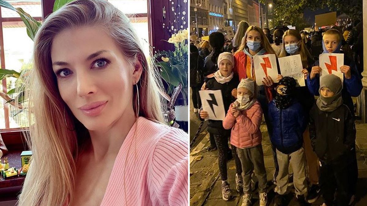 Izabella Łukomska-Pyżalska z mężem i dziećmi na strajku