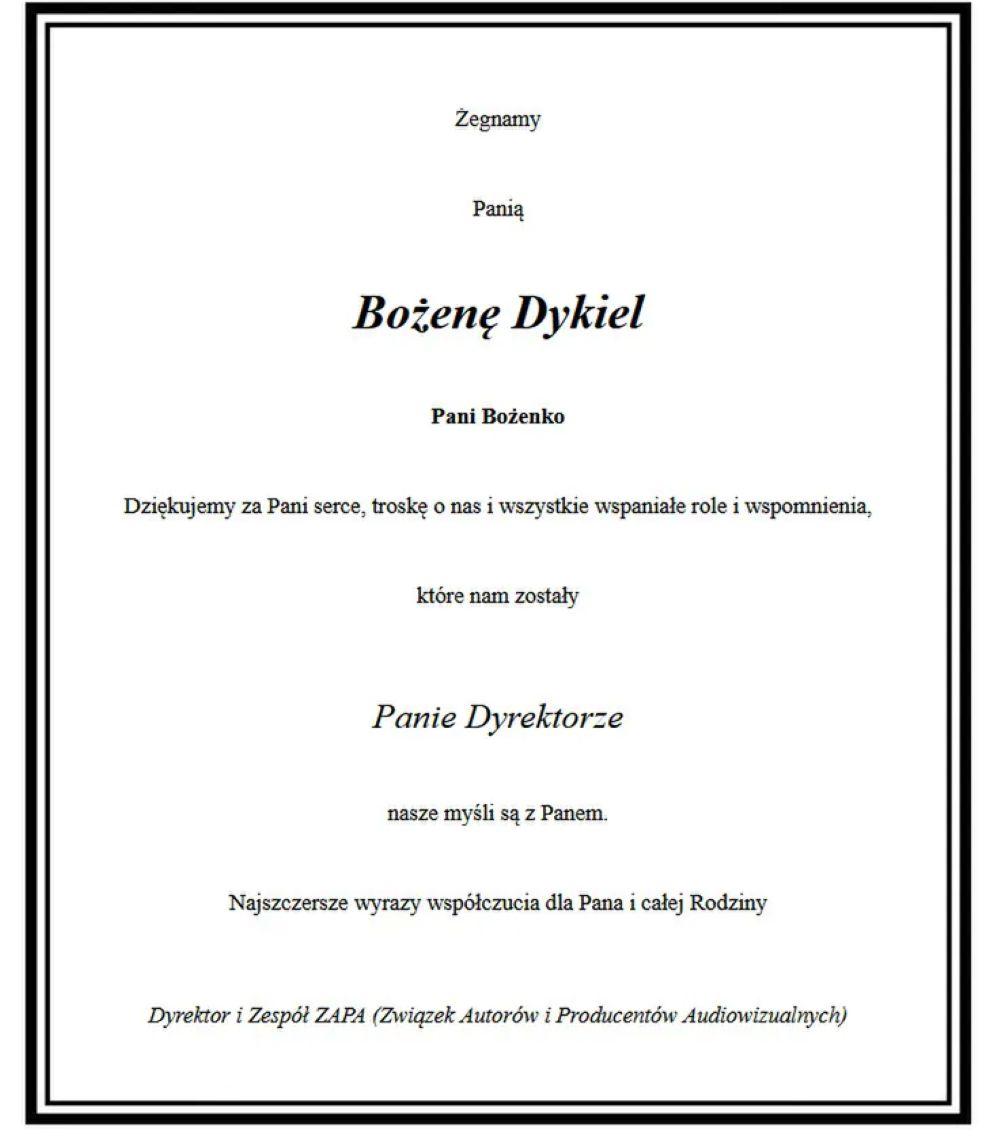 Nekrolog Bożena Dykiel/źródło: "Gazeta Wyborcza"