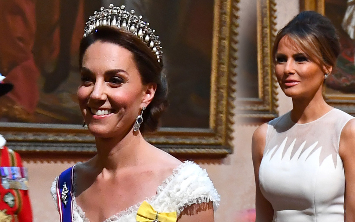 Księżna Kate i Melania Trump w BIAŁYCH sukniach na bankiecie