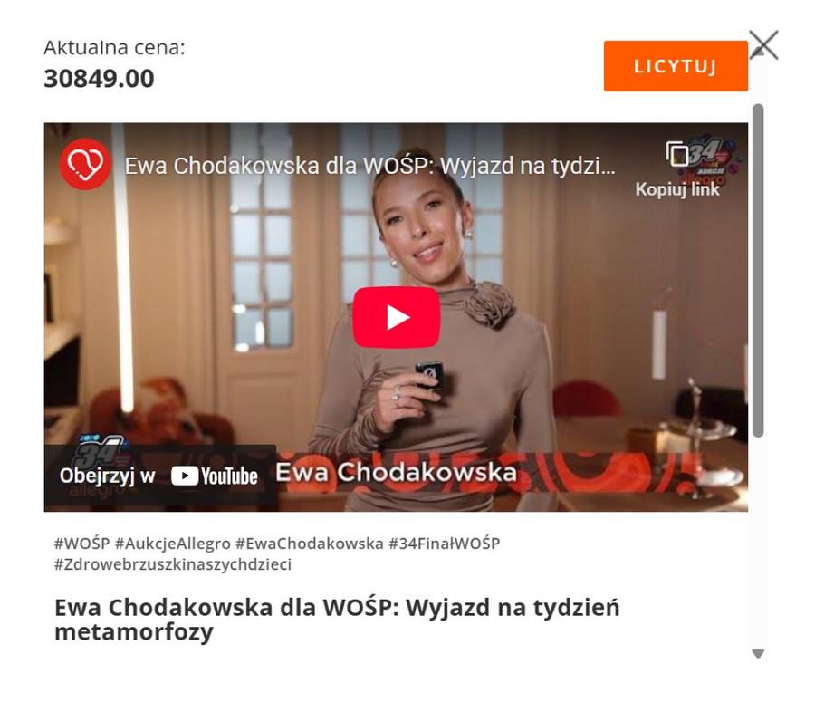 Licytacje gwiazd na WOŚP/ kadr ze strony Allegro