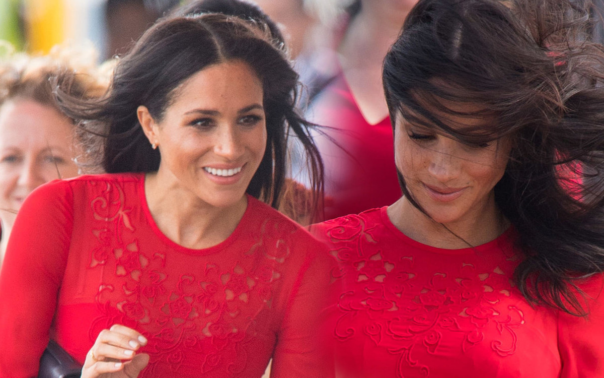 Z czerwonej kreacji Meghan Markle wystaje wielka METKA! Widać cenę?!