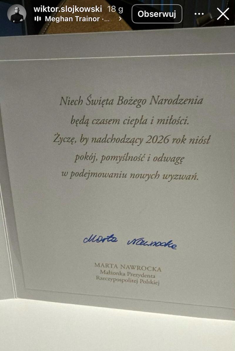 Kartka świąteczna od Pierwszej Damy. Takie życzenia rozsyła Marta Nawrocka, fot. Instagram