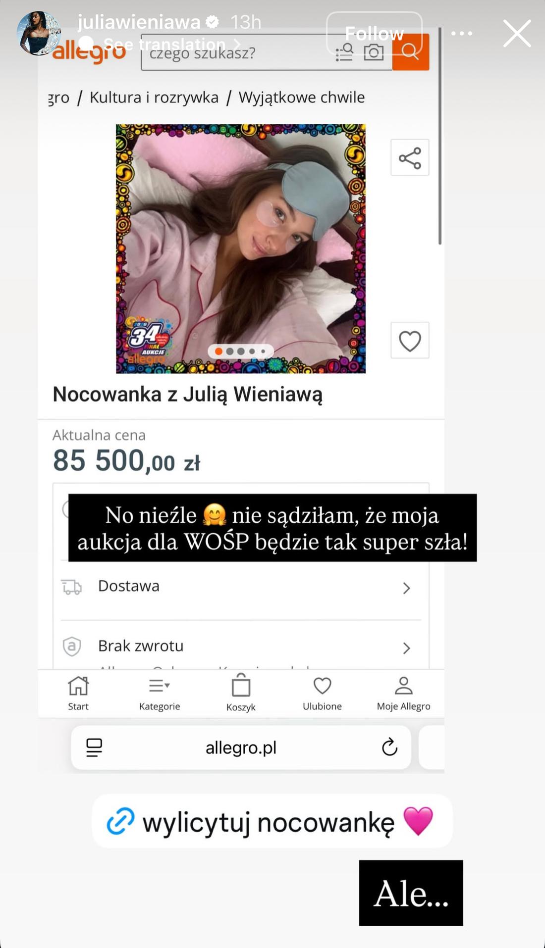 Julia Wieniawa wystawiła "nocowankę" na WOŚP, fot. Instagram