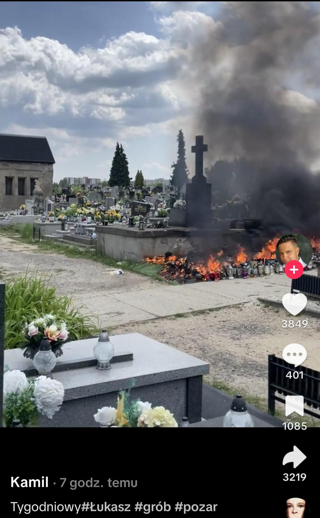 Płonie grób Łukasza Litewki, fot. Tik Tok