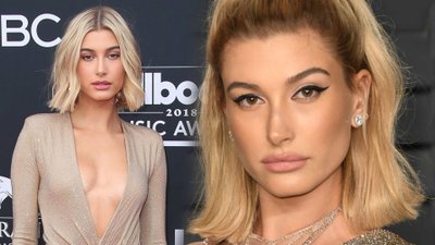 NAGA Hailey Bieber zasłania się torebką w kampanii Versace