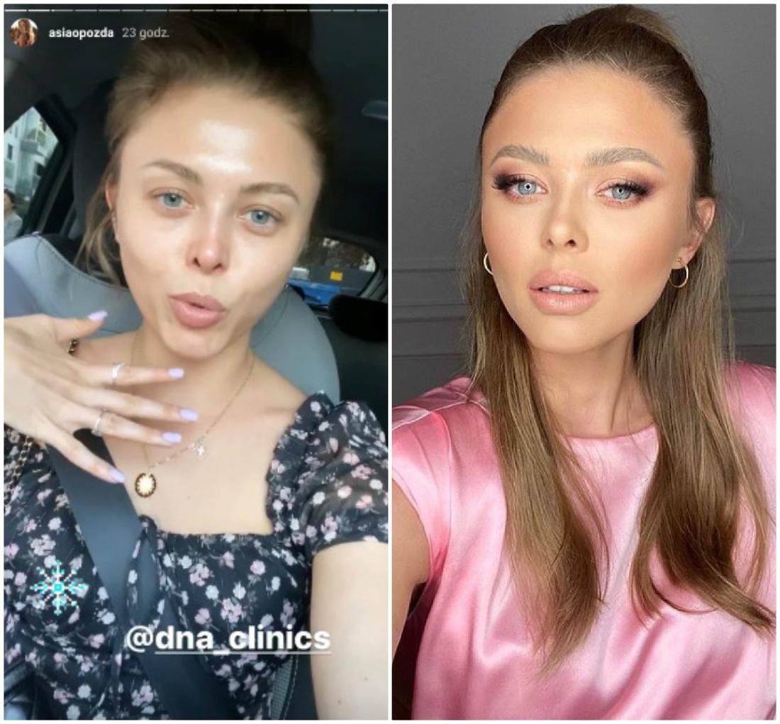 Joanna Opozda bez makijażu i umalowana.