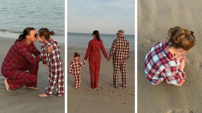 Świąteczna sesja w piżamach na plaży. Kasia Sokołowska pokazała 3-letniego synka