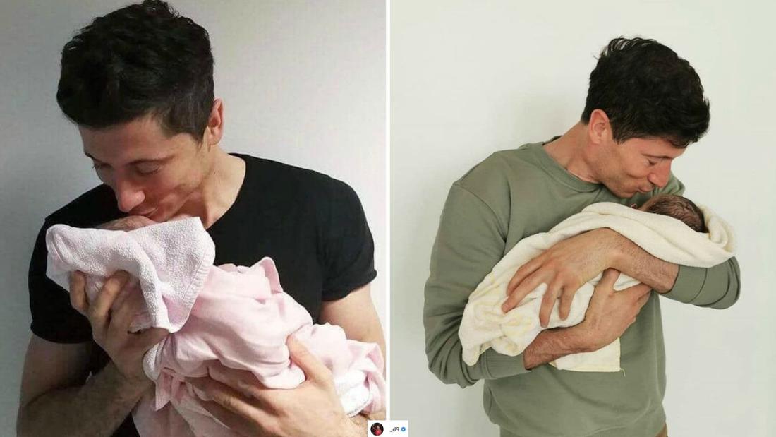 Robert Lewandowski z córkami na rękach