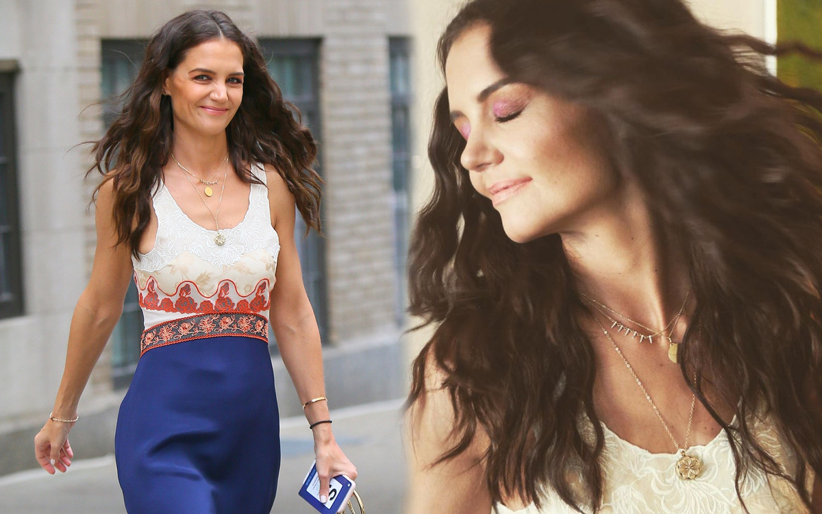 Bardzo chuda Katie Holmes w eleganckiej stylizacji na konferencji prasowej Global Citizen. Spójrzcie na jej kości policzkowe!