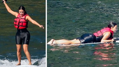 Kim Kardashian z przyjaciółmi w Idaho. Tak szaleje na desce serfingowej i skuterze wodnym! (FOTO)