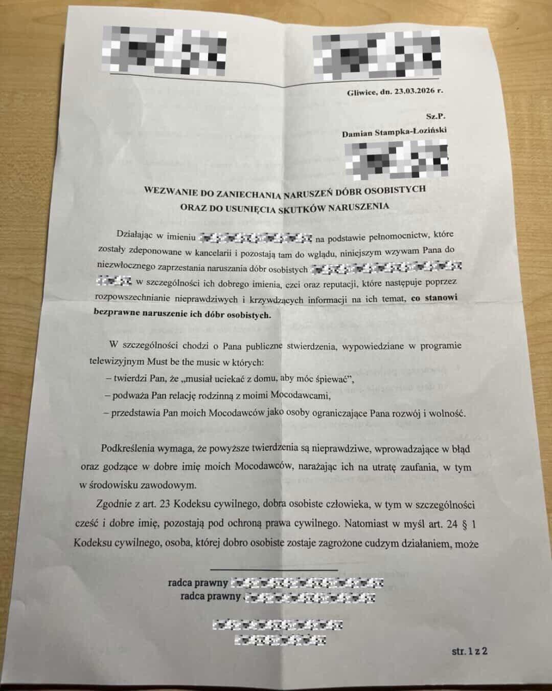 Pismo, które otrzymał Damian Stampka-Łoziński, fot. Instagram