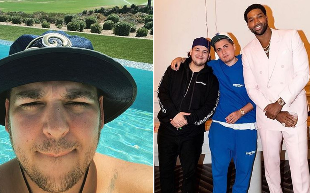 Odchudzony Rob Kardashian bez koszulki odpoczywa z Tristanem Thompsonem na basenie