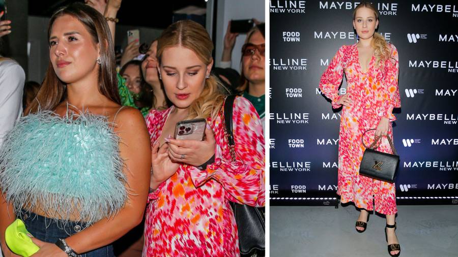 Impreza Maybelline New York. Wersow podkreśla powiększony biust, a Kaczorowska w tym garniturze wygląda BOSKO